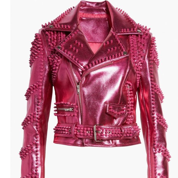 AZALEA WANG PINK Spike Metallic Belted Faux Leather Moto Jacket MEDIUM - Picture 1 of 2